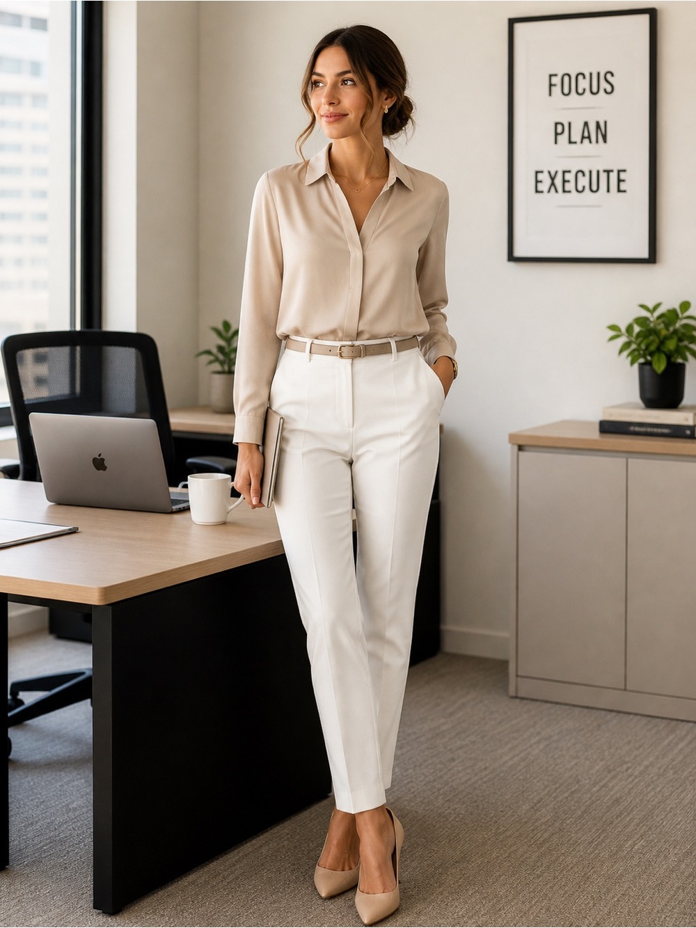 H&M White Slim Tailored Pants Women Size 8 | Office Workwear Stretch Slacks